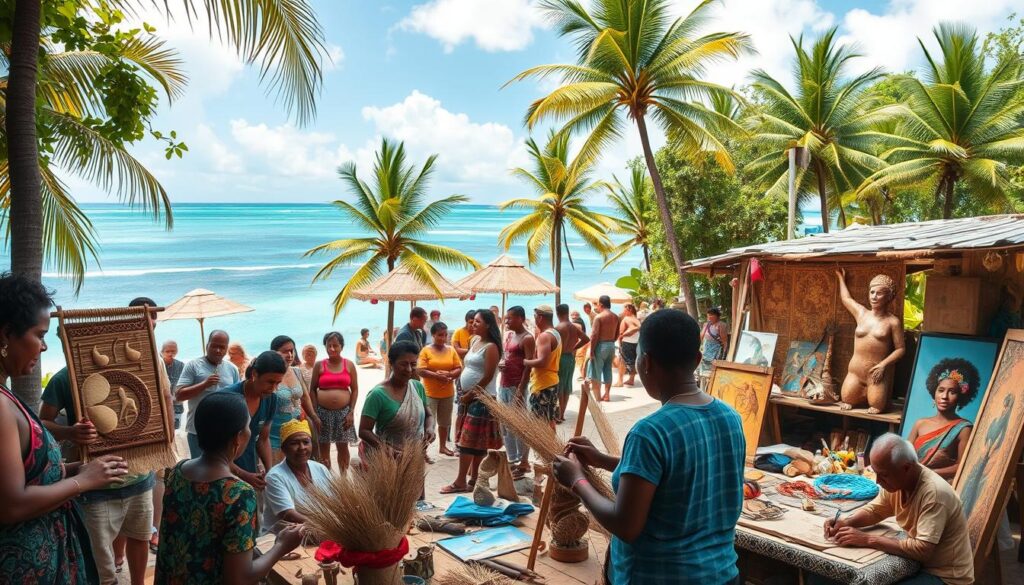 kreativitas seni komunitas lokal Pantai Trunk Bay